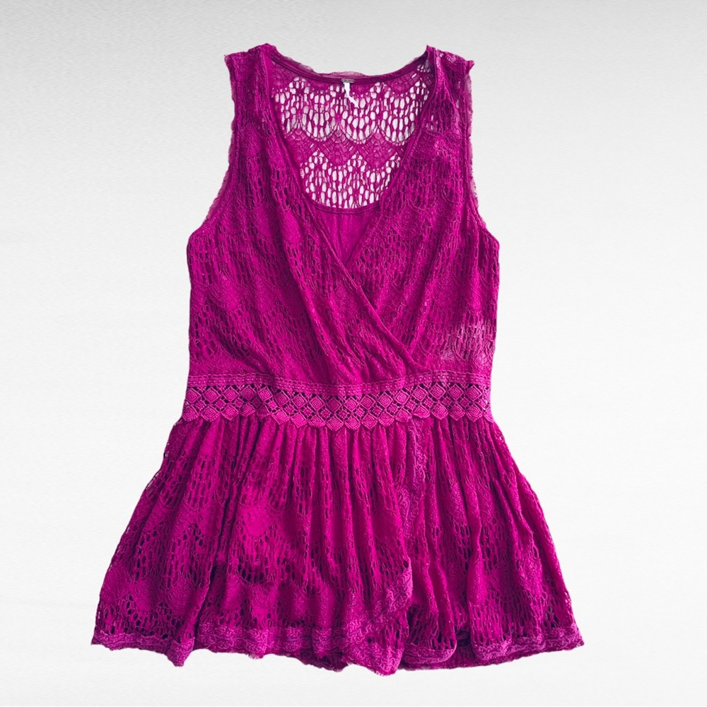 Free People | FIRST BLOOM Magenta Romantic Lace Surplice Crochet Mini Dress